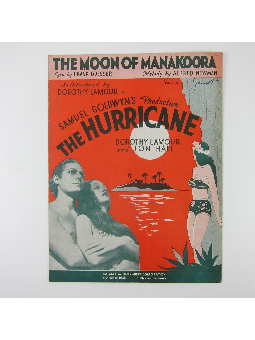 Sheet Music The Moon of Manakoora The Hurricane Dorothy Lamour Jon Hall 1937